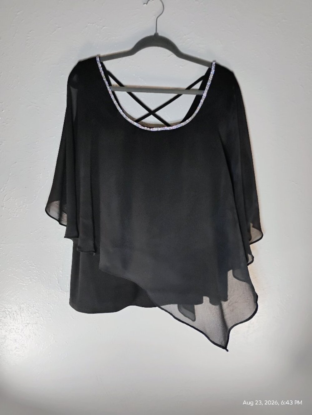 NY Collection Dressy Black with Silver Rhinestones Ladder Back Blouse Size 3x